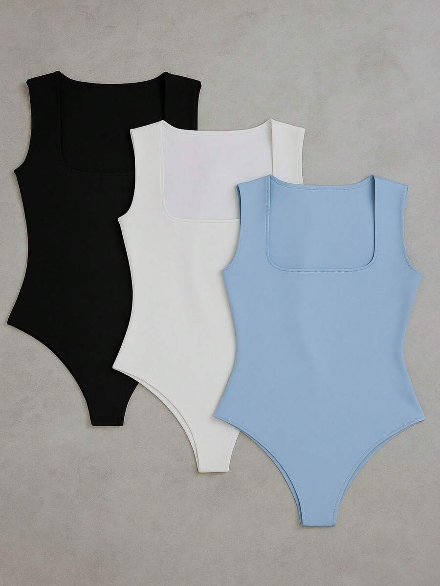 3-Piece Basic Bodysuit, Square Neckline, Wide Straps, Versatile Shapewear, Casual, Suplex, Fashion, Gringa Blogger - 黑白藍 - 查看 1