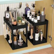 2 Tier Under Sink Storage Rack , Kitchen Cabinet Storage Rack, Double Sliding Cabinet Basket Storage Drawer, Multi-Functional Bathroom Collection Basket, Organizer, Shelf For Under Counter Kitchen Storage With 5 Hooks 2 Hanging Baskets Kitchen Decor Holiday Gift - màu đen - Xem 3