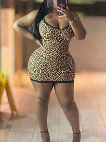 Mantos Summer Sexy  Leopard Print Lace Trim Slim Fit Dress  Low Neckline Booty  Streetwear Mini Dresses Party For Women - 棕色 - 查看 2