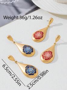 1 Pair Elegant Vintage Vibe Party Matte Metal Gold Water Drop Blue Enamel Rose Decor Women's Stud Earrings, Suitable For Formal Occasions