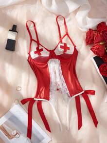 Women's Lingerie Sexy,PU Bandage,Sleeveless,Bow,With Underwire,Sweet Nurse Cosplay Bodysuit,Christmas Lingerie. - Red - View 10