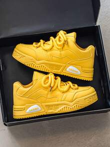 男士新款百搭小众原创高帮休闲运动鞋，厚底防滑运动鞋，纯色休闲运动鞋 - 黃色 - 查看 17