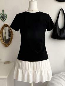 JOYY Women's Rhinestone Embellished Shiny Round Neck Short Sleeve T-Shirt, Holiday Party Gift Top, Suitable For All Seasons - Black - View 2