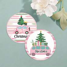 6 piezas/set o 420 piezas/70 sets Posavasos de goma suave redondos absorbentes de 10 cm/2 mm de grosor con estampado de árbol de Navidad y regalo en coche rosa, con parte inferior de goma, adecuados para tazas, decoración de mesa de cocina y comedor, decoración de cocina