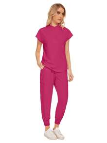 Wholesale Fashion Scrub Suits Dental Hospital Uniform Set Solid Color Surgical Gown Pocket V-Neck Scrubs Sets For Women Joggers Pants Suit - Hot Pink - View 4