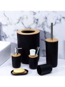 6件套时尚浴室套装家用浴室厕所清洁工具洗漱用品垃圾桶液压杯皂盒牙刷架，完美解决浴室用品问题