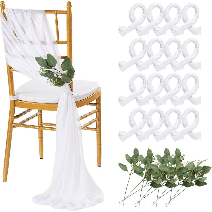 White Chair Sashes Wedding: 16 Pieces Long Sheer Wedding Aisle Chair Decorations Tulle Chairs Covers With Artificial Eucalyptus