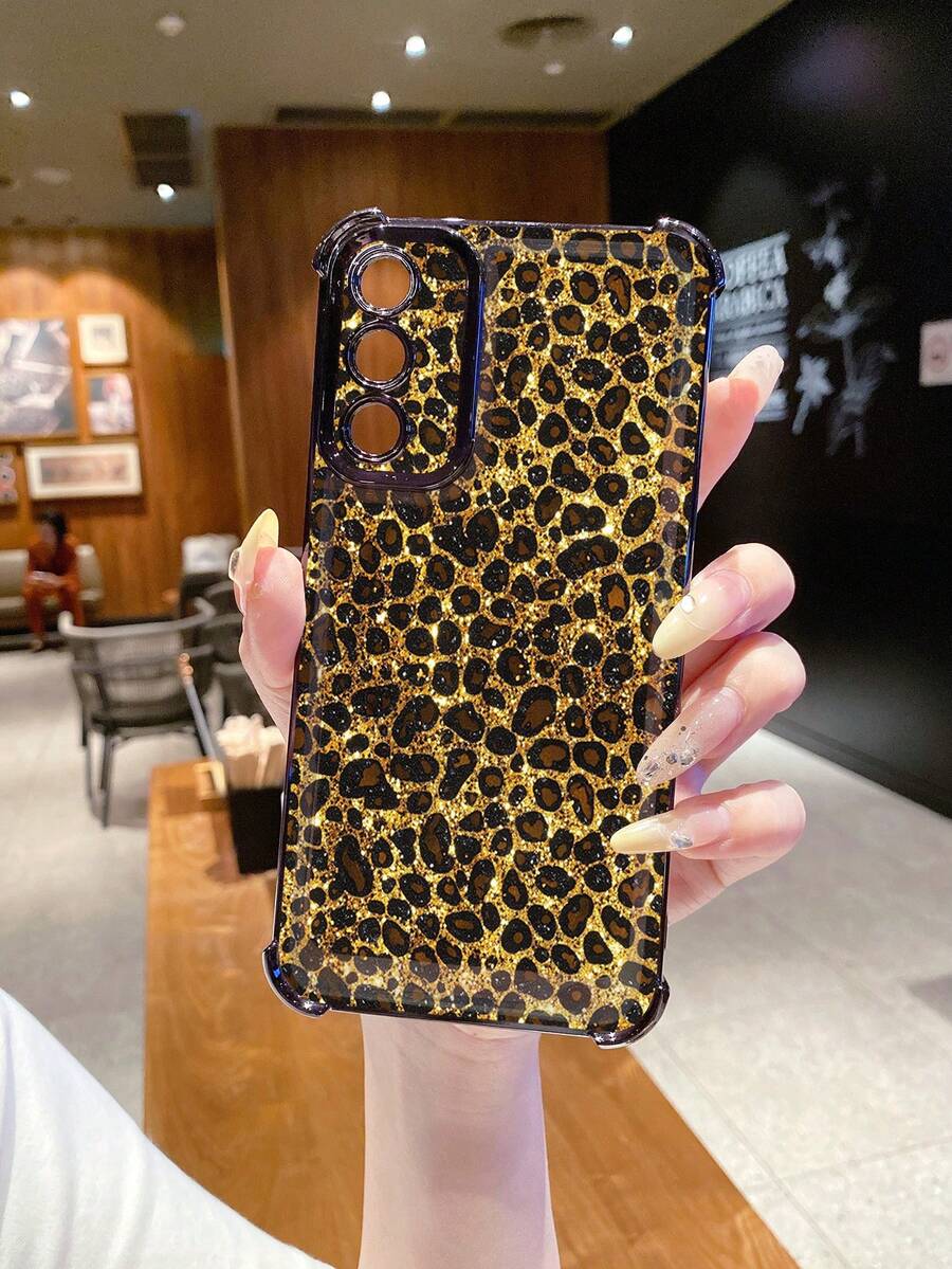 1 pieza Funda protectora de teléfono con estampado de leopardo y chapado electrolítico a prueba de golpes, compatible con Apple, Infinix, OPPO, VIVO, Realme