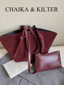 2 件 CHAIKA & KILTER 纯色绒面革单肩包女士复古休闲大容量手提包书包带双手柄和按扣，适合旅行、购物、约会、女士礼物，适合少女、大学生、初学者和办公室女士，非常适合办公室、学校、工作、商务、通勤、户外、旅行、徒步旅行 - 酒紅色 - 查看 5