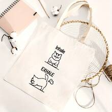 [Variation In Color Is A Normal Craftsmanship Phenomenon, Not A Defect]Cute Cat Handbag Cat Theme Tote Bag, Ideal Gift For Friends, Birthday, New Year, Inhale Exhale Printed Handbag Large Capacity  Simple Style Durable Tote Bags For Outdoor Picnic, Party, Traveling, Shopping - Black - View 5