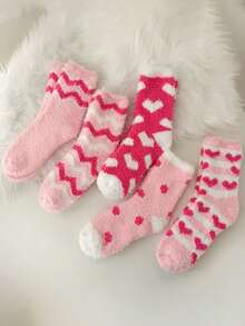 1/3/5双装粉色蓬松袜子，情人节礼物，秋冬季女士加厚保暖袜，不掉毛圣诞礼物 - 粉色 - 查看 10