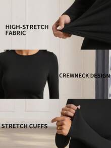 1pc Women Autumn/Winter Thermal Lined Crew Neck Long Sleeve Slim Fit Casual Activewear Base Layer Top, Versatile - Black - View 4