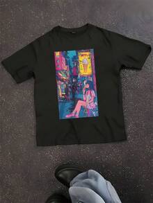 Anime Girl T-Shirt _ Japanese Vaporwave Aesthetic Tee _ Chill Anime Girl Graphic Shirt _ Neon Tokyo - màu đen - Xem 1