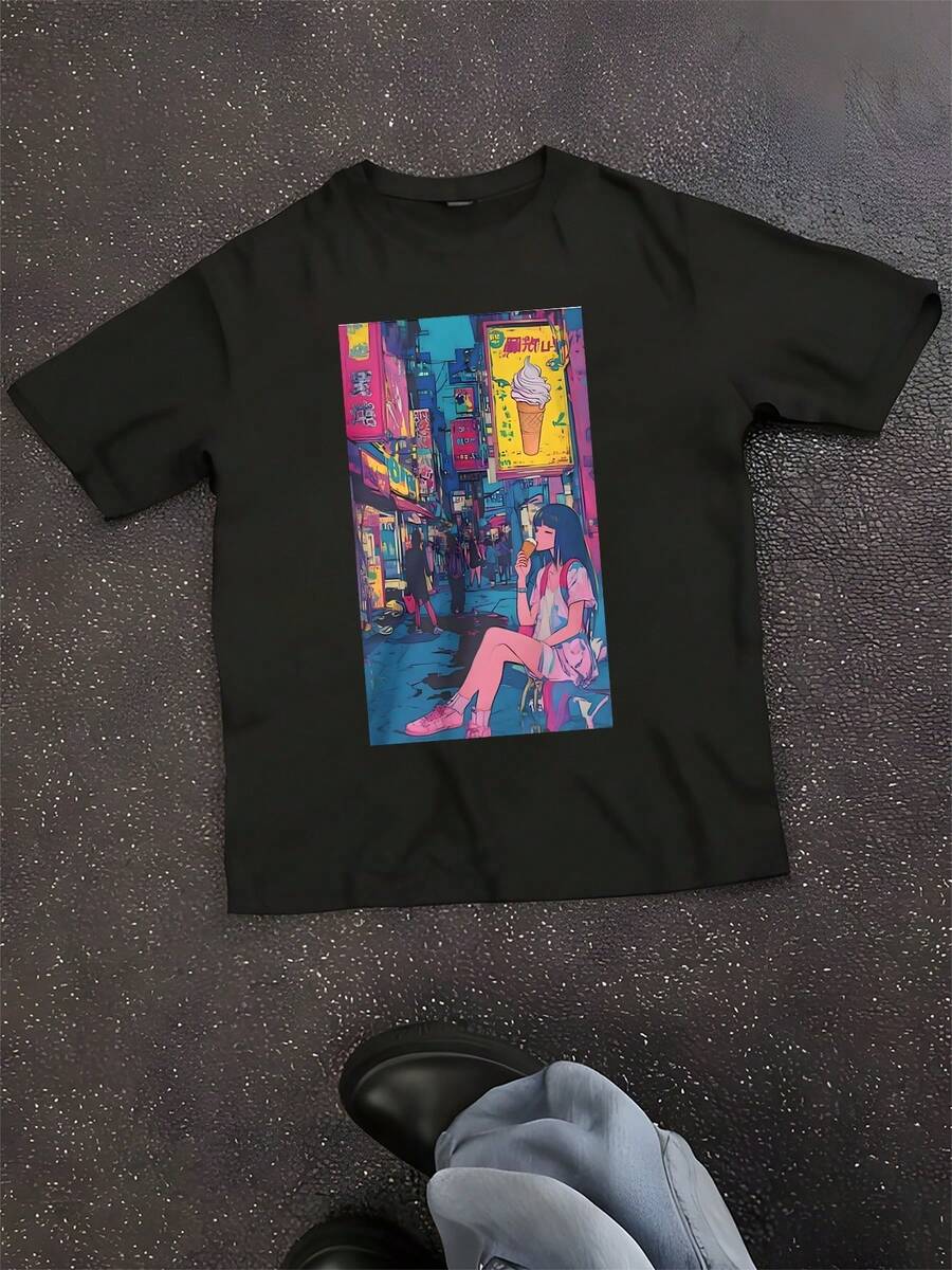 Anime Girl T-Shirt _ Japanese Vaporwave Aesthetic Tee _ Chill Anime Girl Graphic Shirt _ Neon Tokyo - màu đen - Xem 1