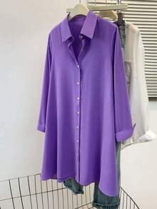 Blus Wanita Lengan Panjang Kerah Kancing Depan Warna Polos, Cocok untuk Musim Gugur, Musim Dingin, dan Musim Semi - Purple - View 4