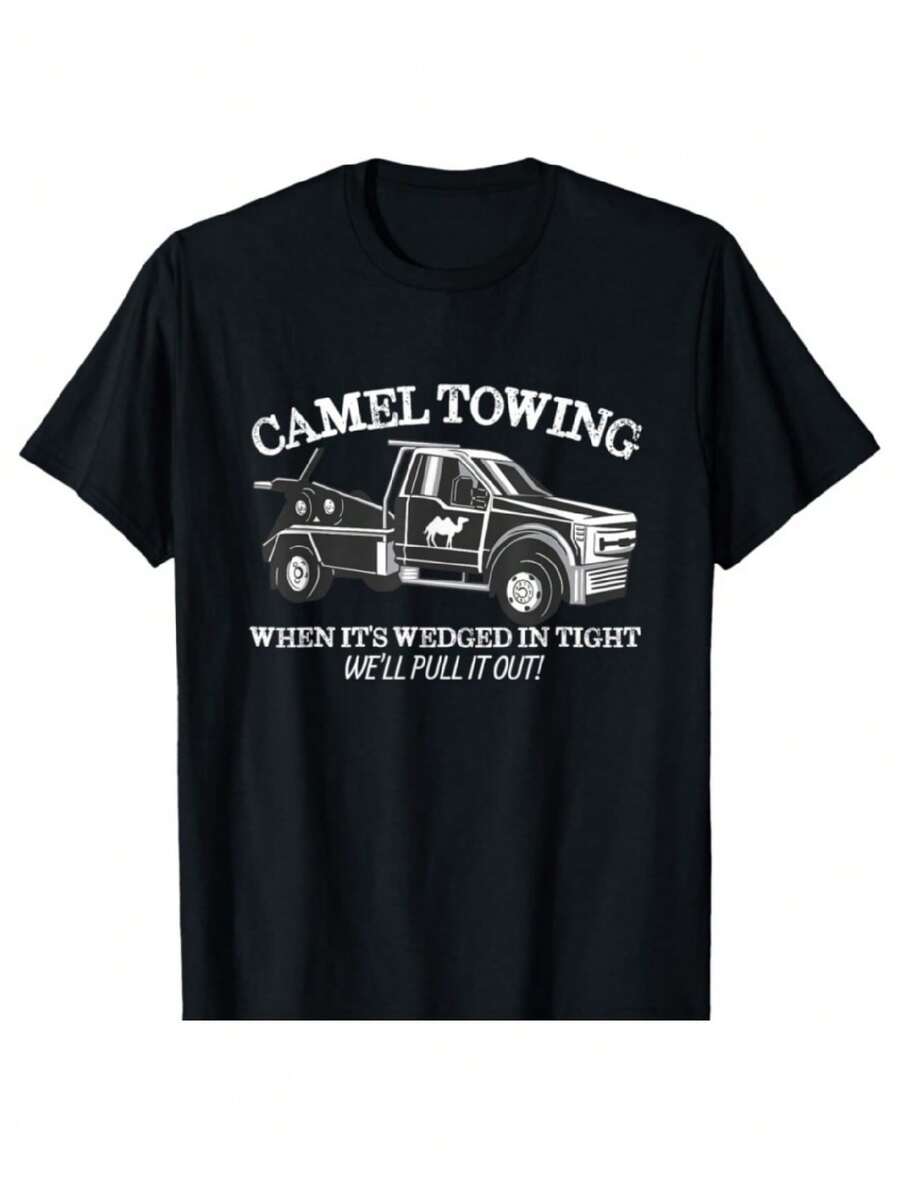 Camel Towing Inappropriate Humor Adult Humor Camel Towing T-Shirt,Slogan Print Round Neck Short Sleeve Tee For Women,Unisex,Contains Cotton Casual T - Shirt - 黑色 - 查看 1