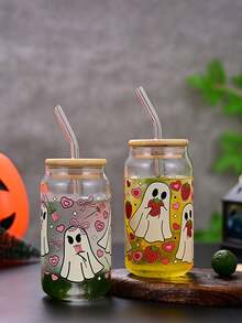 1pc Halloween Soda Cup High Borosilicate Glass Straw Cup Bamboo Lid Water Cup Heat Resistant Ins Style Glass Cup