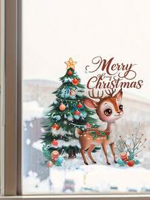 1 pièce Autocollant de fenêtre de renne de Noël festif - PVC, auto-adhésif, design de dessin animé classique avec scène enneigée et accents de houx, idéal pour la décoration de la maison et les cadeaux de Noël, décoration de Noël