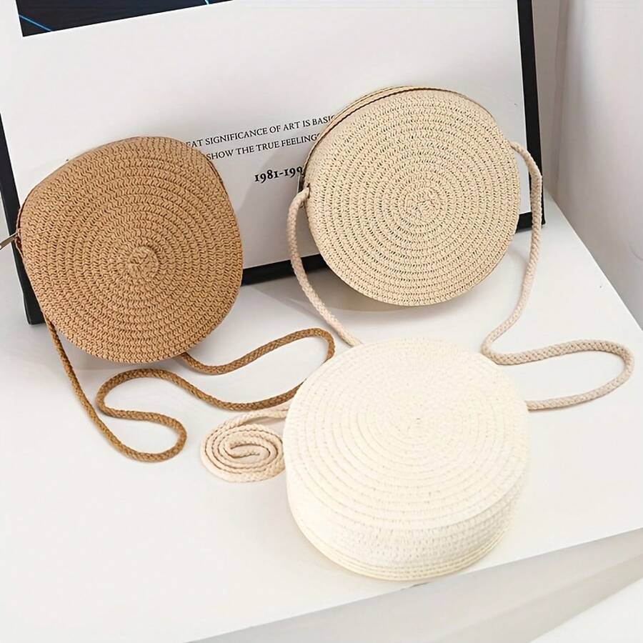Handcrafted Pendant| Fashionable Round Woven Women's Crossbody Bag - Handwoven Shoulder Bag, Suitable For Beach Vacation, Available In Coffee, White, And Cream Colors, Fashionable Tote Bag| Bohemian Style| Thread Zipper, Beach Bag Accessories - 卡其色 1 - 查看 1