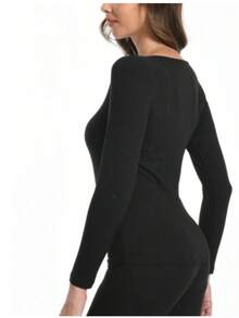 1pc Women Autumn/Winter Thermal Lined Crew Neck Long Sleeve Slim Fit Casual Activewear Base Layer Top, Versatile - Black - View 6