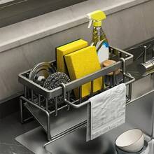 1 Simple Metal Kitchen Sink Rack, Self-Draining Kitchen Sink Organizer, Sponge Draining Rack, Suitable For Kitchen/Bathroom Countertop Storage, Comes With A Towel Rod, Available In Black, Gray, And White