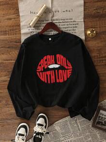 女式字母印花黑色圆领长袖 T 恤，宽松休闲打底衫，秋季 - 黑色 - 查看 3