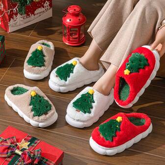 1pc 2024 New Christmas Tree Design Unisex Slippers, Suitable For Autumn/Winter Home Wear