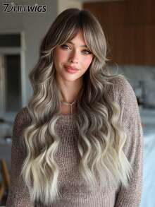 7JHH WIGS 灰金色假发长卷发假发带窗帘刘海深色发根耐热合成发色渐变波浪假发适合女士日常派对使用 28 英寸 - 漸層 - 查看 2