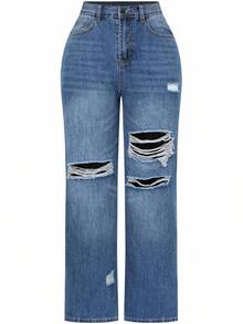 THUNDER Womens High Waisted Wide Leg Jeans Stretchy Distressed Pants - M Blue - 查看 7