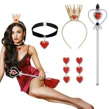 Halloween Queen Costume Accessories Set Includes A Gold Crown, Red Heart Collar, Gem Scepter, Heart-Shaped Earrings, Suitable For Women's Queen Costume Party Accessories