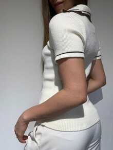 Striped Knitted Polo T-Shirt Ribbed Knit Summer Women's Fashion - 與布朗決戰 - 查看 4