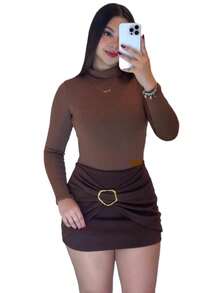 Shorts Set With Buckle And Long Sleeve Bodysuit With High Neck, Elegant And Casual, Nightclub Party - 鏽棕色 - 查看 5