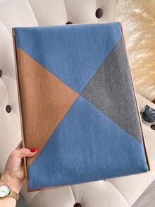 1pc Women Reversible Faux Cashmere Colorblock Pattern Scarf, Fashion Versatile Air-Conditioned Room Blanket Shawl, Thick Warm Accessory Suitable For Daily Use, Autumn/Winter For Dress - Blue - View 2