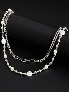 1 pieza Cinturón de cadena de jeans de doble capa con decoración de perlas falsas, accesorio elegante para hombres, adecuado para uso diario y como regalo