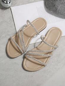 Sandali piatti da donna con decorazioni in cristallo, adatti per appuntamenti, shopping, feste, pendolarismo, vacanze e uso casual in casa