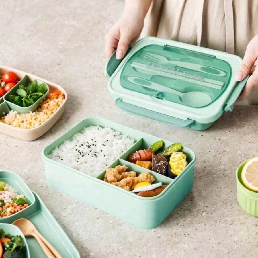 Recipiente para alimentos versátil de 1 pieza con múltiples compartimentos, apto para microondas, con excelente conservación de la frescura, ideal para la preparación de comidas de estudiantes y comidas para llevar. - Verde - Ver 1