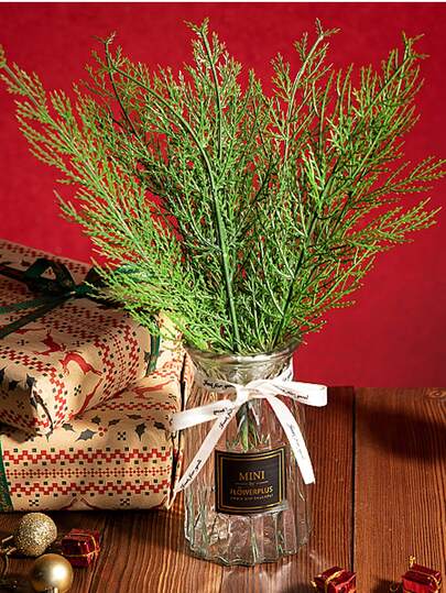 50 PIEZAS de 34cm/13.5 pulgadas de plantas verdes artificiales de simulación - Hojas de pino y ciprés, agujas de pino, coronas de Navidad, accesorios para arreglos florales, ramas de árboles artificiales - Adecuado para decoración exterior, interior y de sala de estar