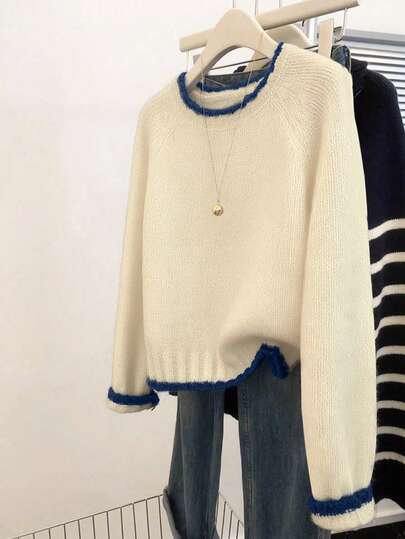 Suéter elegante e moderno com cores contrastantes, adequado para uso diário, lazer ao ar livre e viagens no outono/inverno (exceto acessórios, somente a parte de cima)