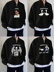 Customized Plus Size Men's Sweatshirt With Funny Goose Print, DIY Pattern & Text, Casual Crew Neck Long Sleeve Half-Zip Pullover Hoodie, Suitable For Autumn/Winter