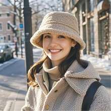 Bucket Hat - Lamb Wool Fluffy Hat, Solid Color Wide Brim Hat, Autumn/Winter Fluffy Hat, Fluffy Hat, Unisex Bucket Hat Autumn Decor