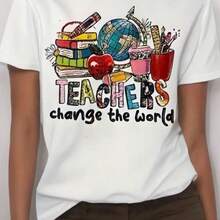 Empowering Teachers Change The World White 180g Cotton Round Neck Short Sleeve T-Shirt For Women - Inspiring Novelty Graphic Print Tee For Educators, Comfortable Soft Casual Wear, Perfect Gift For Teacher Appreciation - 白色 - 查看 9