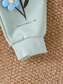 2 件女童休闲可爱荷叶边花卉字母印花长袖上衣和裤子套装，春秋 - 綠色 - 查看 9