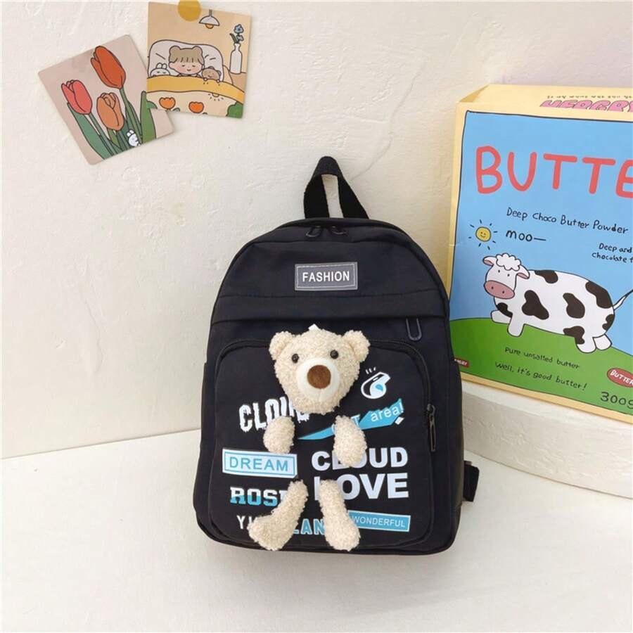 Women's Backpack Random Shipment Model Small Girl With Teddy Bear Decoration Cute Casual Backpack - 黑色 - 查看 1