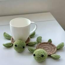 1 Handmade Crochet Green Turtle Coaster - Cute Non-Slip Table Protector For Dining Tables And Kitchens - Perfect Housewarming Gift Or Birthday Party Decoration - By WhimsyCraft, Featuring Turtle-Themed Home Decor, Quirky Woven Textures, Practical Accessories, And Durable Fabric, Perfect For A New Home - 綠色 - 查看 1