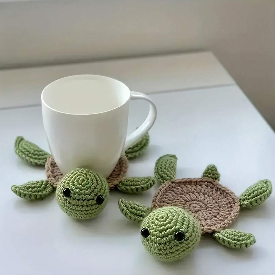 1 Handmade Crochet Green Turtle Coaster - Cute Non-Slip Table Protector For Dining Tables And Kitchens - Perfect Housewarming Gift Or Birthday Party Decoration - By WhimsyCraft, Featuring Turtle-Themed Home Decor, Quirky Woven Textures, Practical Accessories, And Durable Fabric, Perfect For A New Home - 綠色 - 查看 1