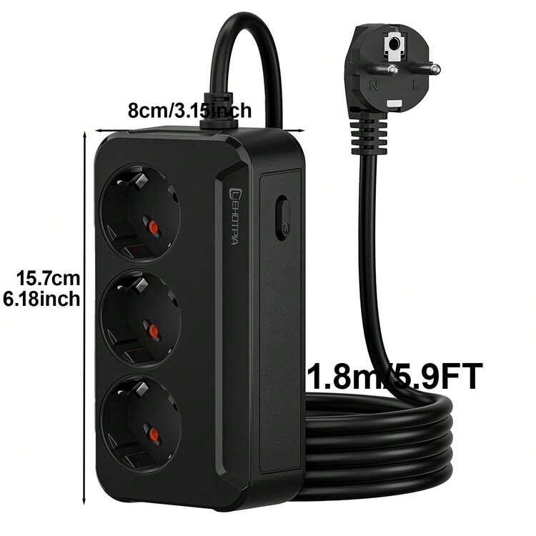 1件裝 垂直式緊湊型 Schuko 電源接線板，3個德國標準插座，2500W 高功率，附一鍵開關延長線，省空間桌面插座，適用於居家辦公室 - 查看 4