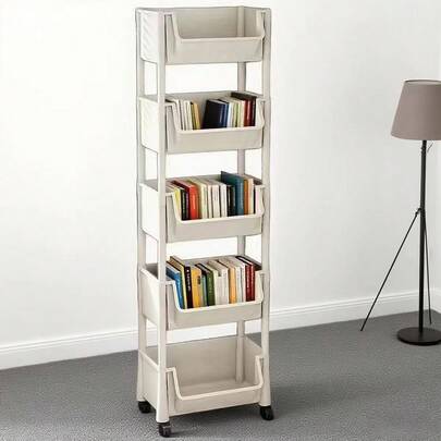 رف كتب ضيق قائم بذاته، خزانة تخزين متعددة الطبقات مع عجلات، لاستخدام المنزل والأطفال، يمكن إسناده على الحائط