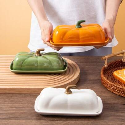 1 件带盖黄油碟，适用于台面，南瓜形陶瓷可爱黄油架/容器/托盘，用于盛放和烹饪，秋季农家厨房台面南瓜黄油罐保存器，感恩节、万圣节、乔迁礼物