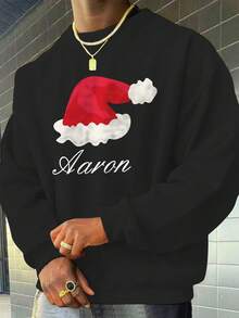 Men Plus Personalized Christmas Hat Customized Text Design Sweatshirt, Great Christmas Gift For Friends And Family, Long Sleeve Top - Black - View 3