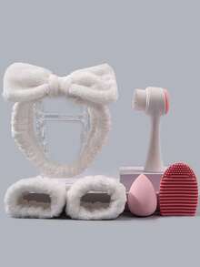 INS Style White Skincare & Makeup Tool Set - Facial Cleansing Brush, Makeup Sponge, Hair Band, Wristband, Cleaning Mat, Complete Grooming & Cosmetic Care Kit